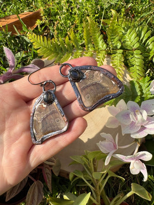 Labradorite and Butterfly Wing Earrings detail view by Copper Ashes