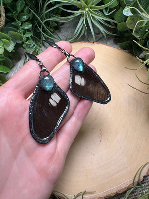 Labradorite and Butterfly Wing Earrings detail view by Copper Ashes