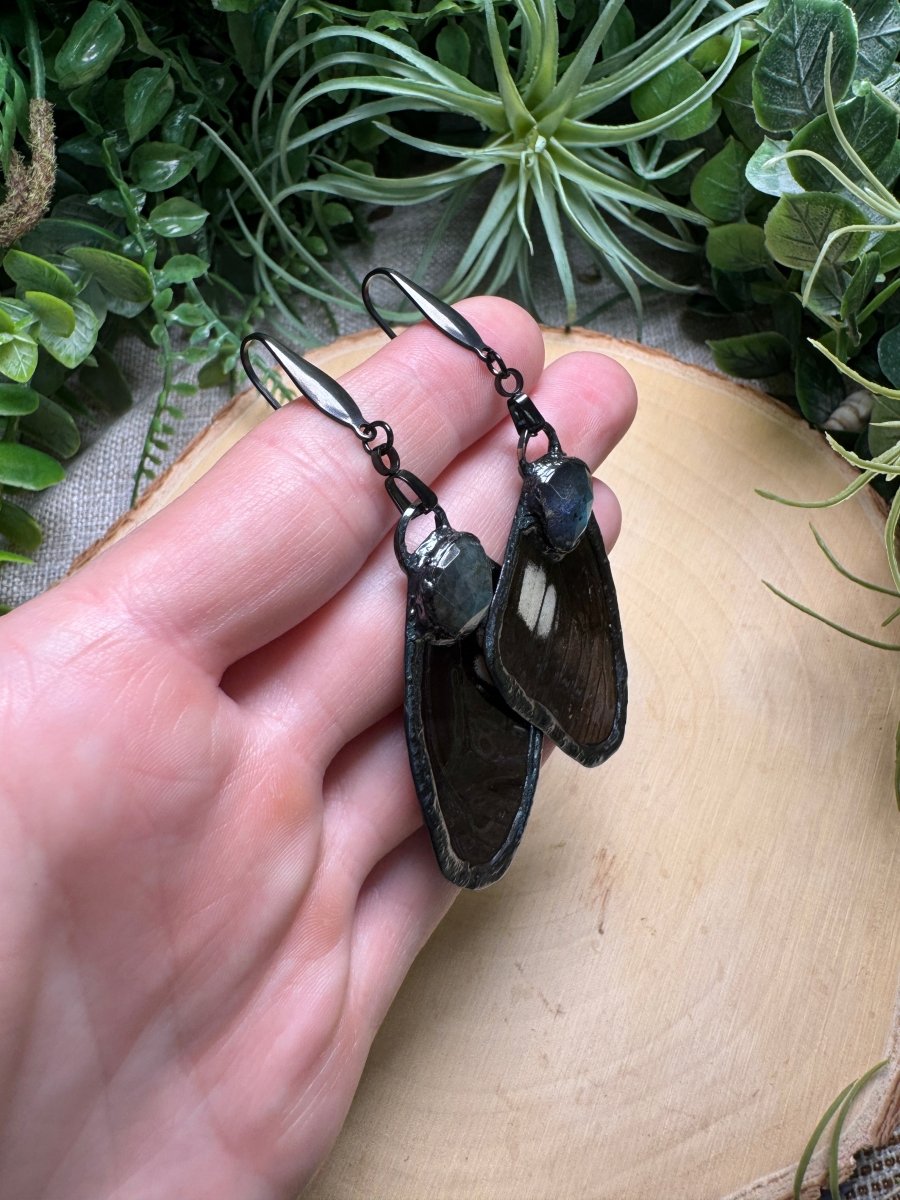 Labradorite and Butterfly Wing Earrings detail view by Copper Ashes
