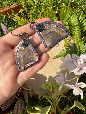Labradorite and Butterfly Wing Earrings detail view by Copper Ashes