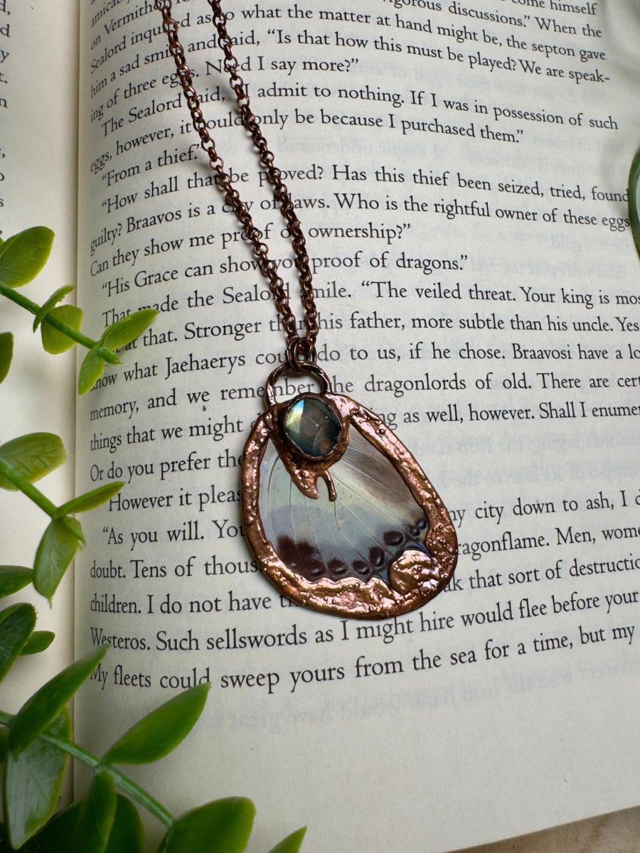 Labradorite and Butterfly Wing Necklace detail view by Copper Ashes
