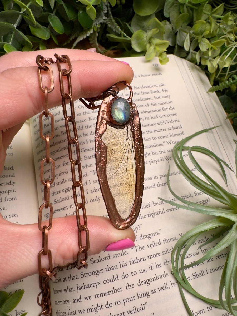 Labradorite and Dragonfly Wing Necklace by Copper Ashes
