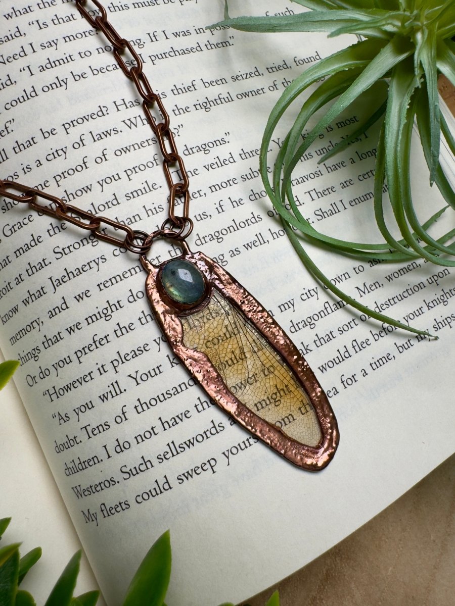 Labradorite and Dragonfly Wing Necklace detail view by Copper Ashes
