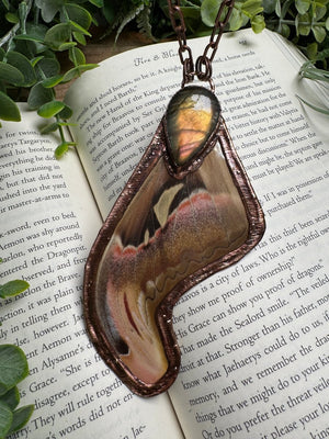 Labradorite and Giant Atlas Moth Wing Necklace detail view by Copper Ashes
