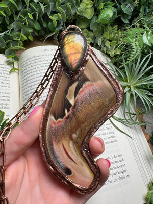 Labradorite and Giant Atlas Moth Wing Necklace detail view by Copper Ashes