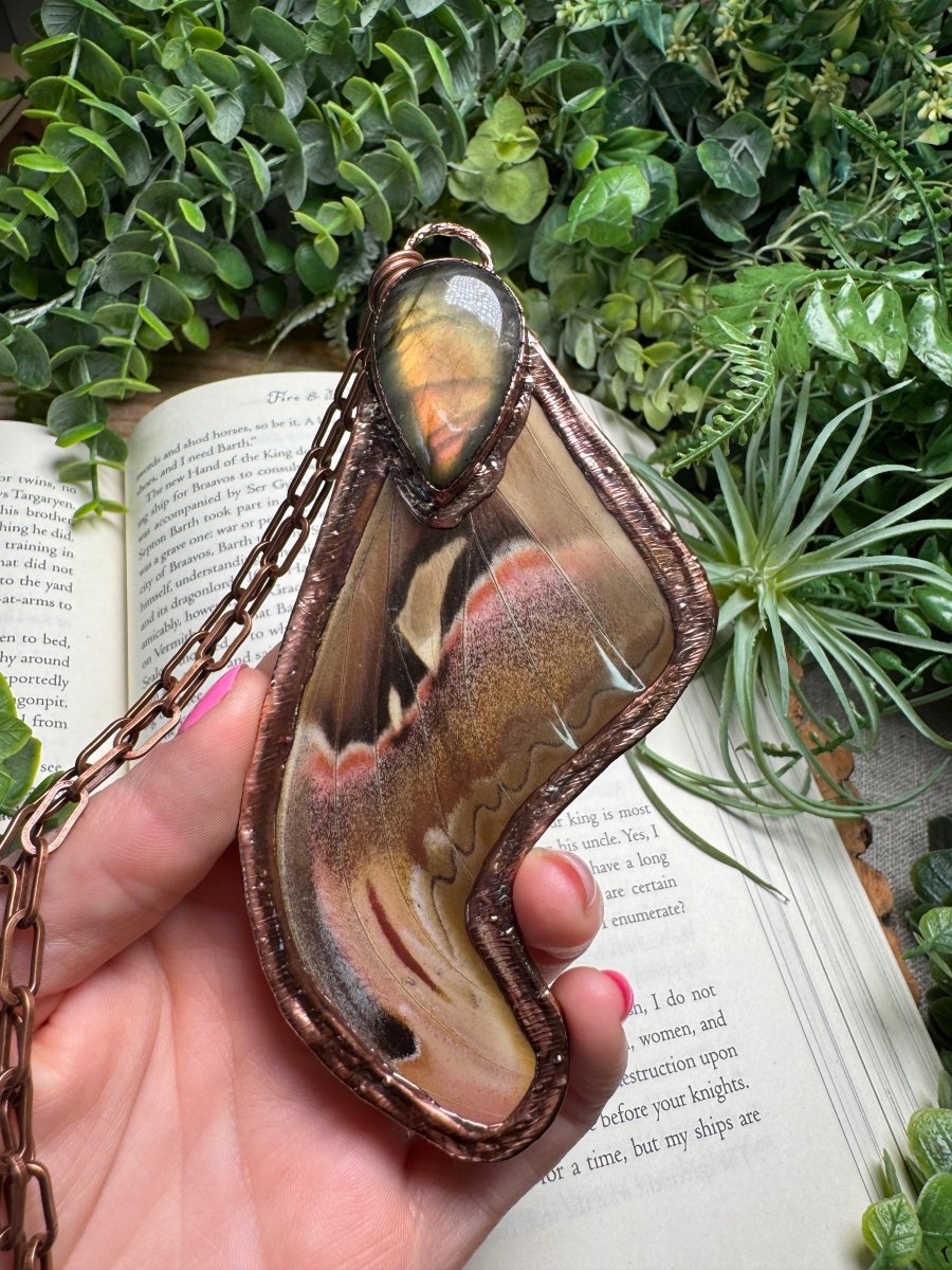 Labradorite and Giant Atlas Moth Wing Necklace detail view by Copper Ashes