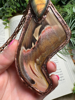 Labradorite and Giant Atlas Moth Wing Necklace detail view by Copper Ashes