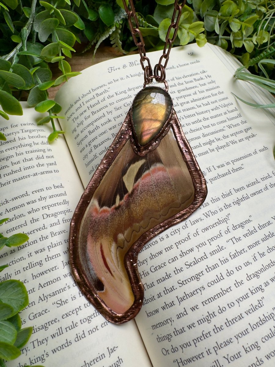Labradorite and Giant Atlas Moth Wing Necklace by Copper Ashes
