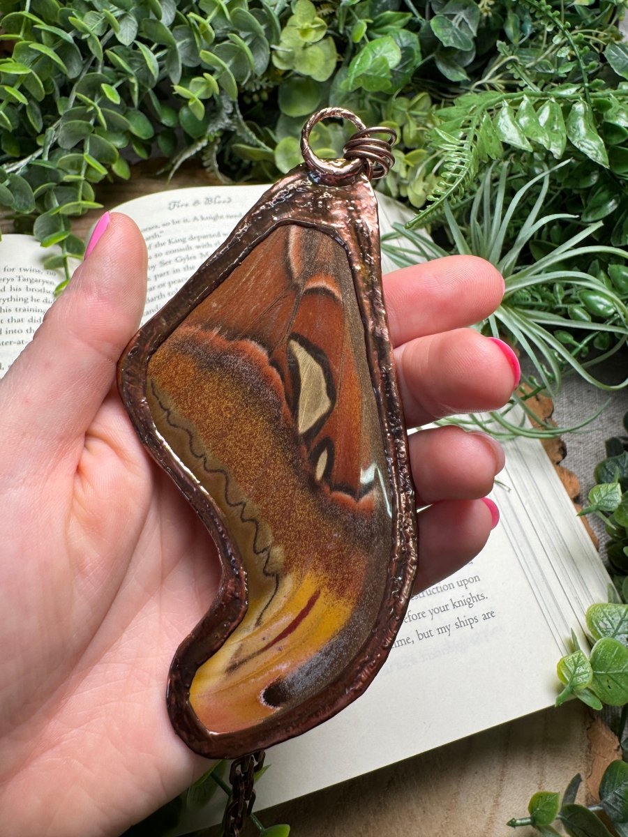 Labradorite and Giant Atlas Moth Wing Necklace detail view by Copper Ashes