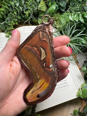 Labradorite and Giant Atlas Moth Wing Necklace detail view by Copper Ashes