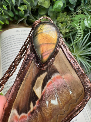 Labradorite and Giant Atlas Moth Wing Necklace detail view by Copper Ashes