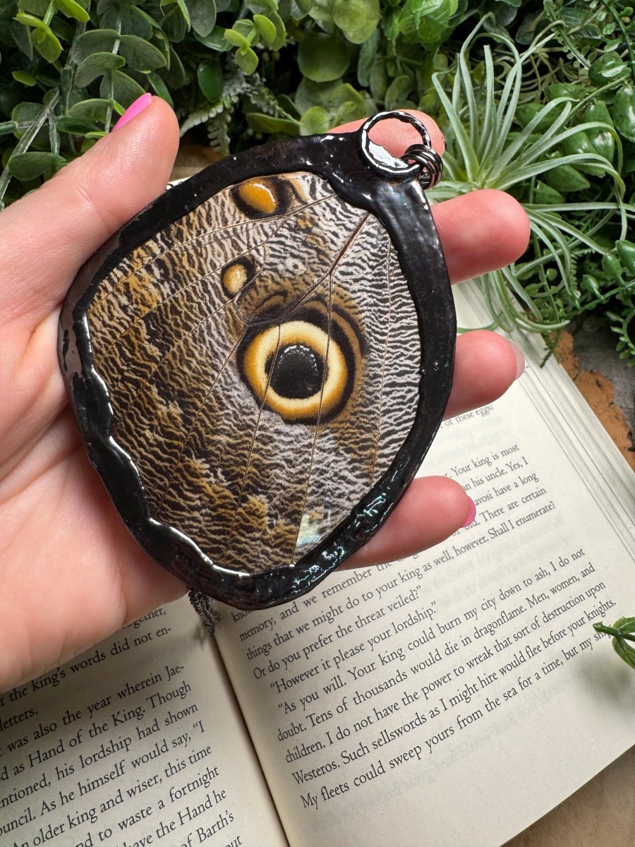Labradorite and Giant Moth Wing Necklace (reversible) detail view by Copper Ashes