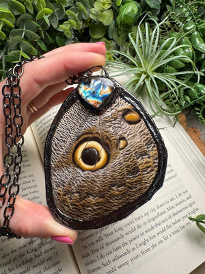 Labradorite and Giant Moth Wing Necklace (reversible) detail view by Copper Ashes