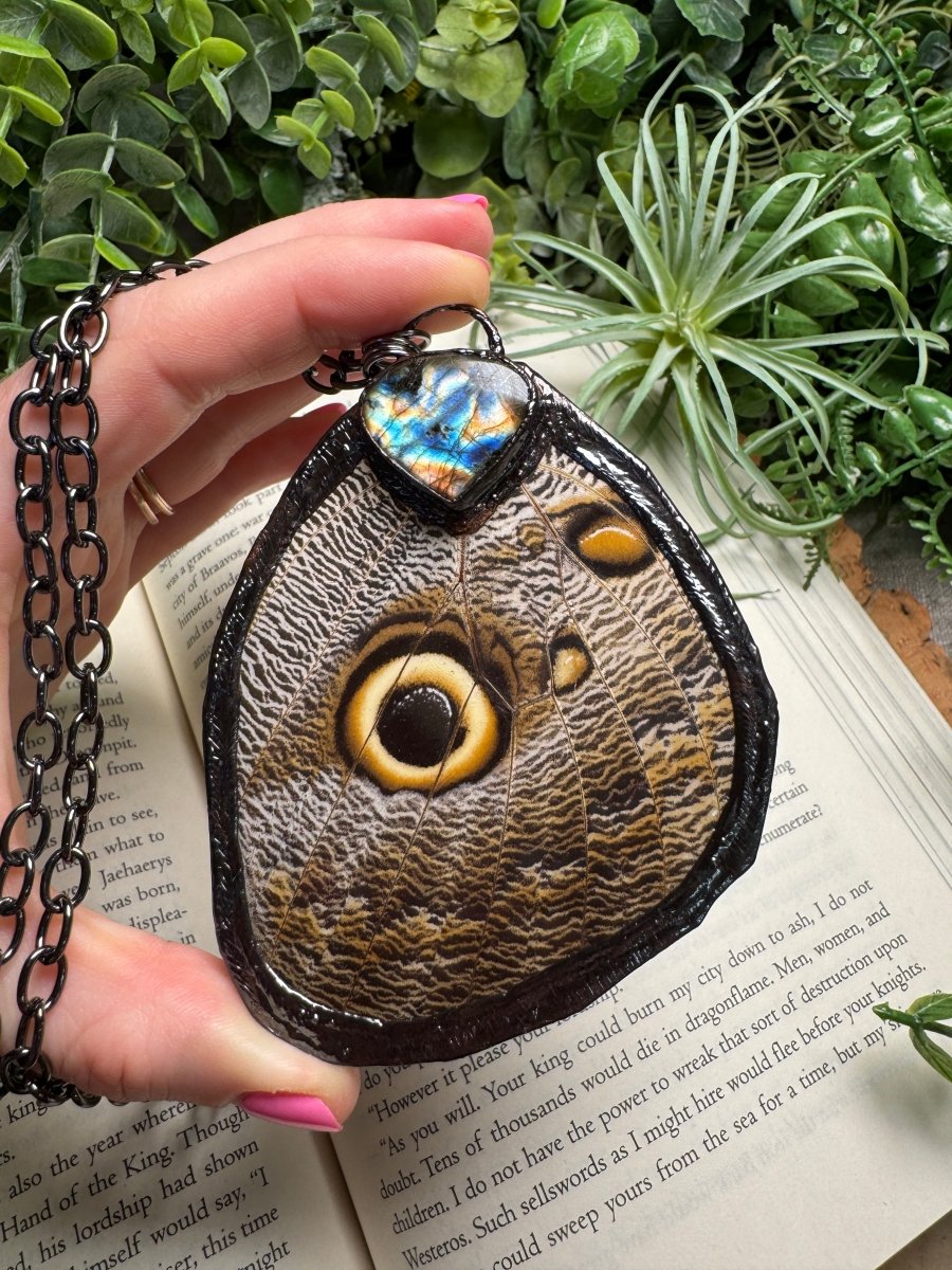 Labradorite and Giant Moth Wing Necklace (reversible) detail view by Copper Ashes