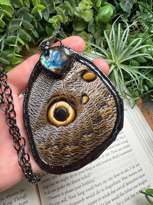 Labradorite and Giant Moth Wing Necklace (reversible) detail view by Copper Ashes