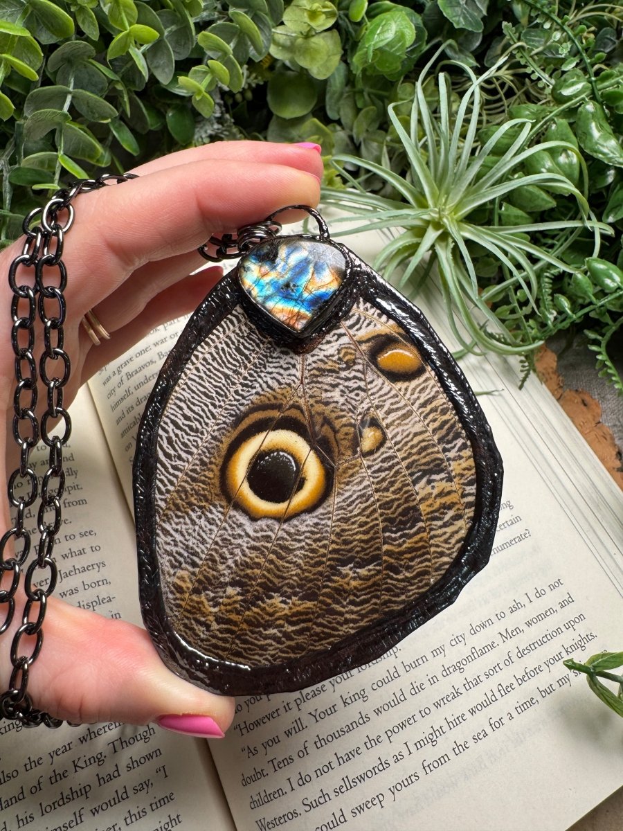 Labradorite and Giant Moth Wing Necklace (reversible) by Copper Ashes