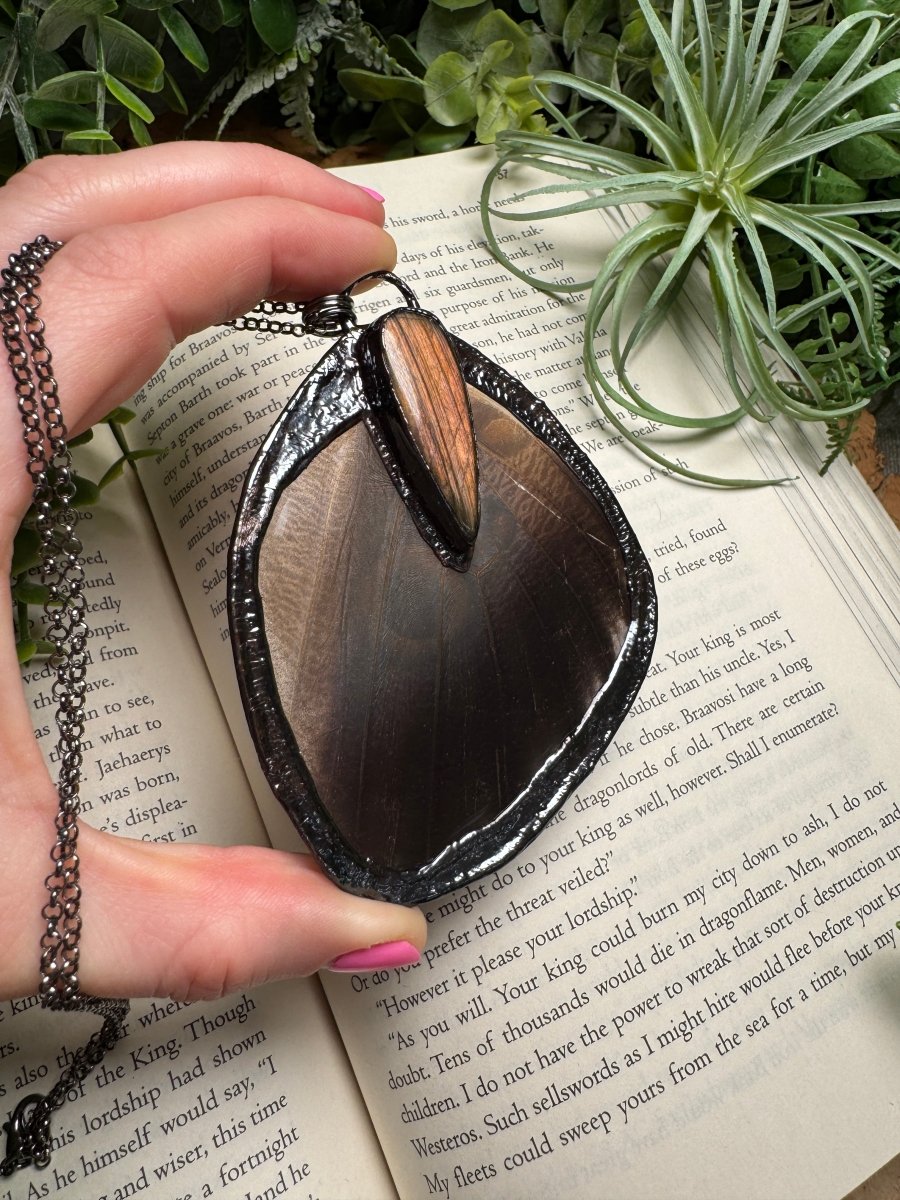 Labradorite and Giant Moth Wing Necklace (reversible) detail view by Copper Ashes