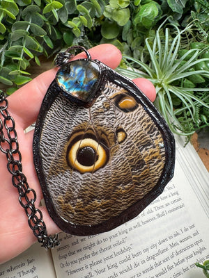Labradorite and Giant Moth Wing Necklace (reversible) detail view by Copper Ashes