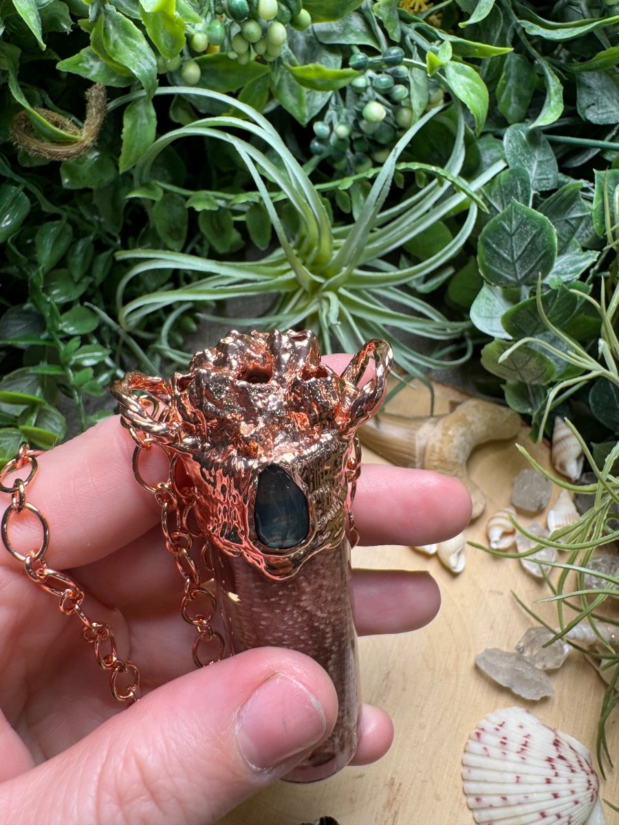 Labradorite, Barnacles, and Starfish Arm Oddity Vial Necklace detail view by Copper Ashes