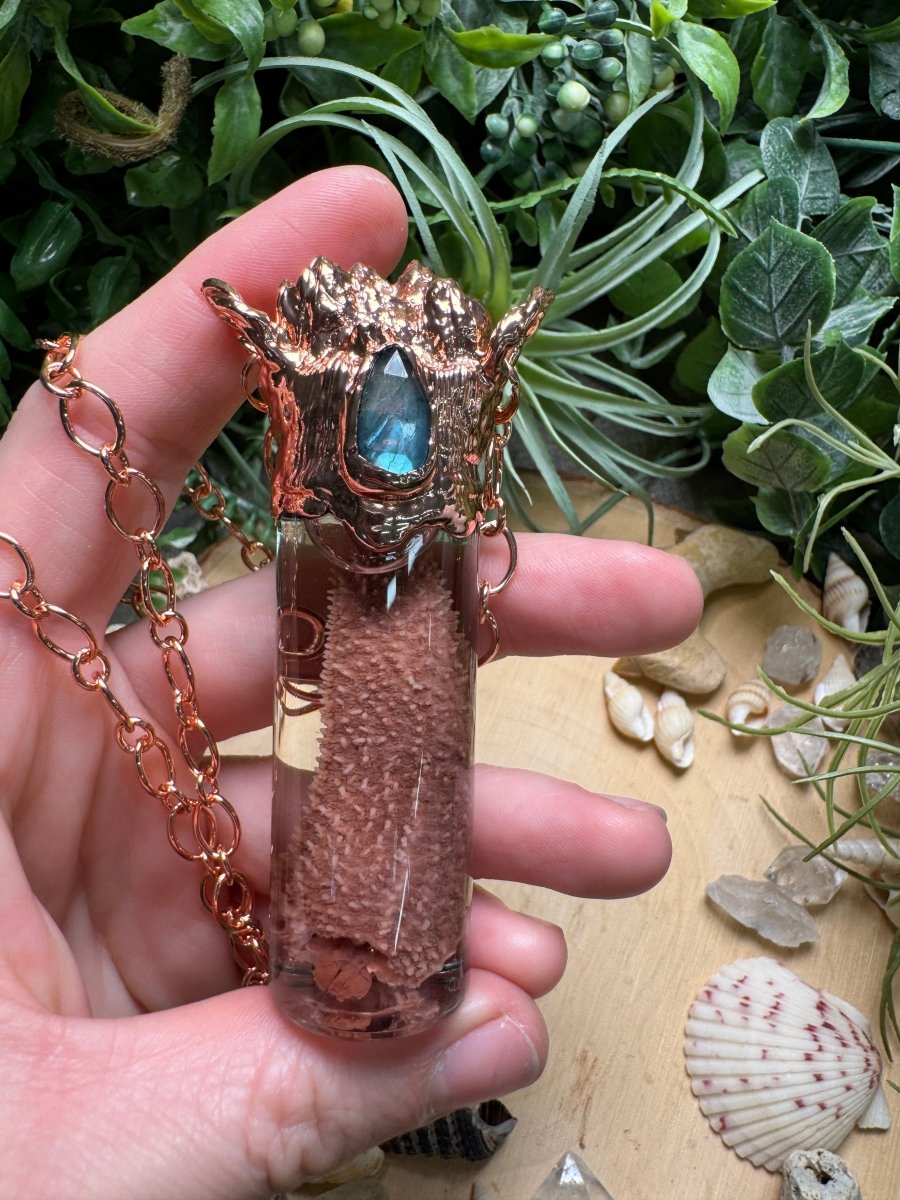 Labradorite, Barnacles, and Starfish Arm Oddity Vial Necklace detail view by Copper Ashes