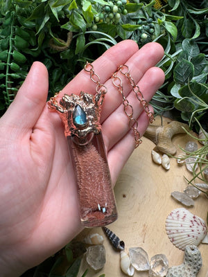 Labradorite, Barnacles, and Starfish Arm Oddity Vial Necklace detail view by Copper Ashes
