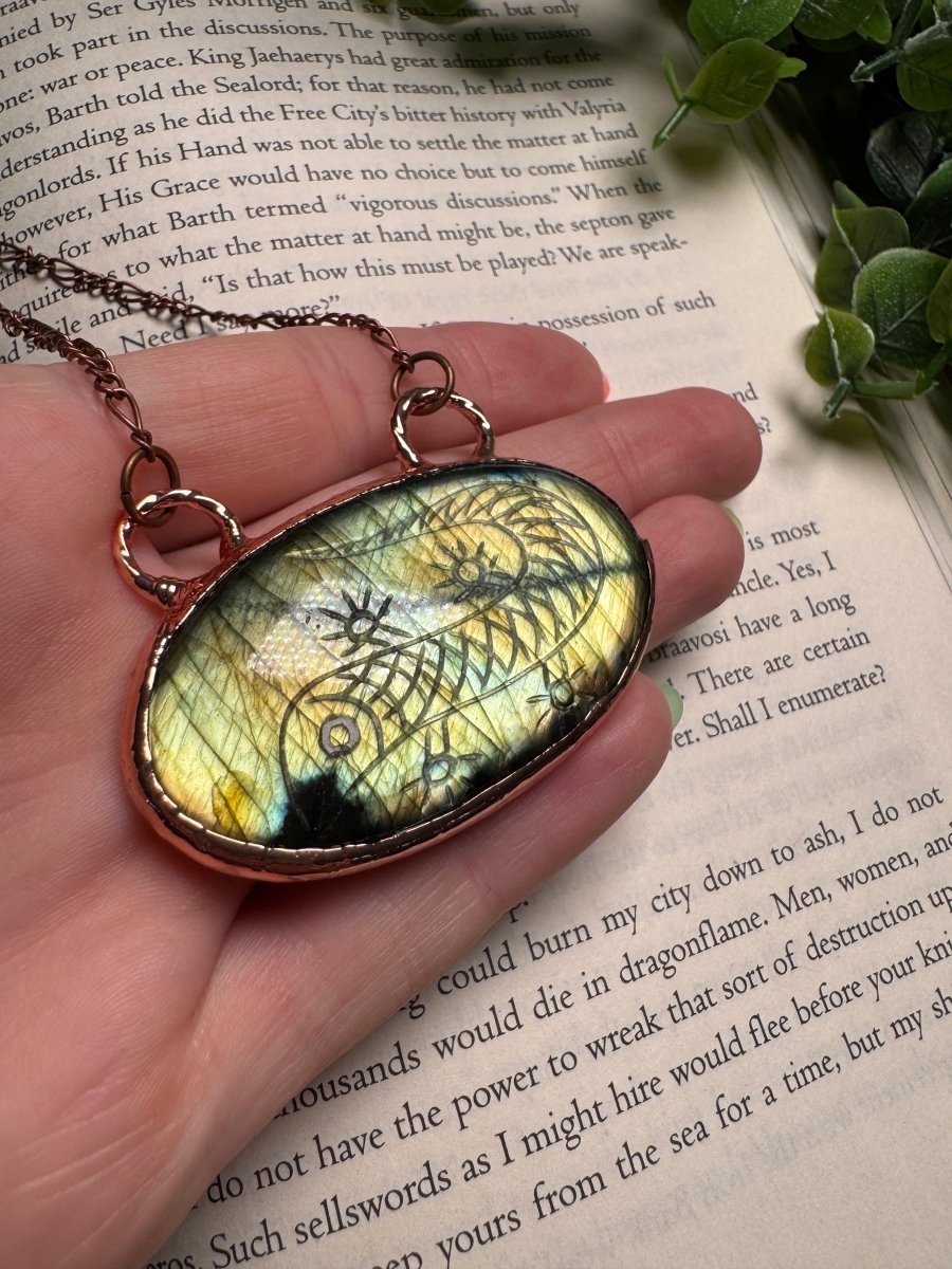 Labradorite Lizard Necklace detail view by Copper Ashes