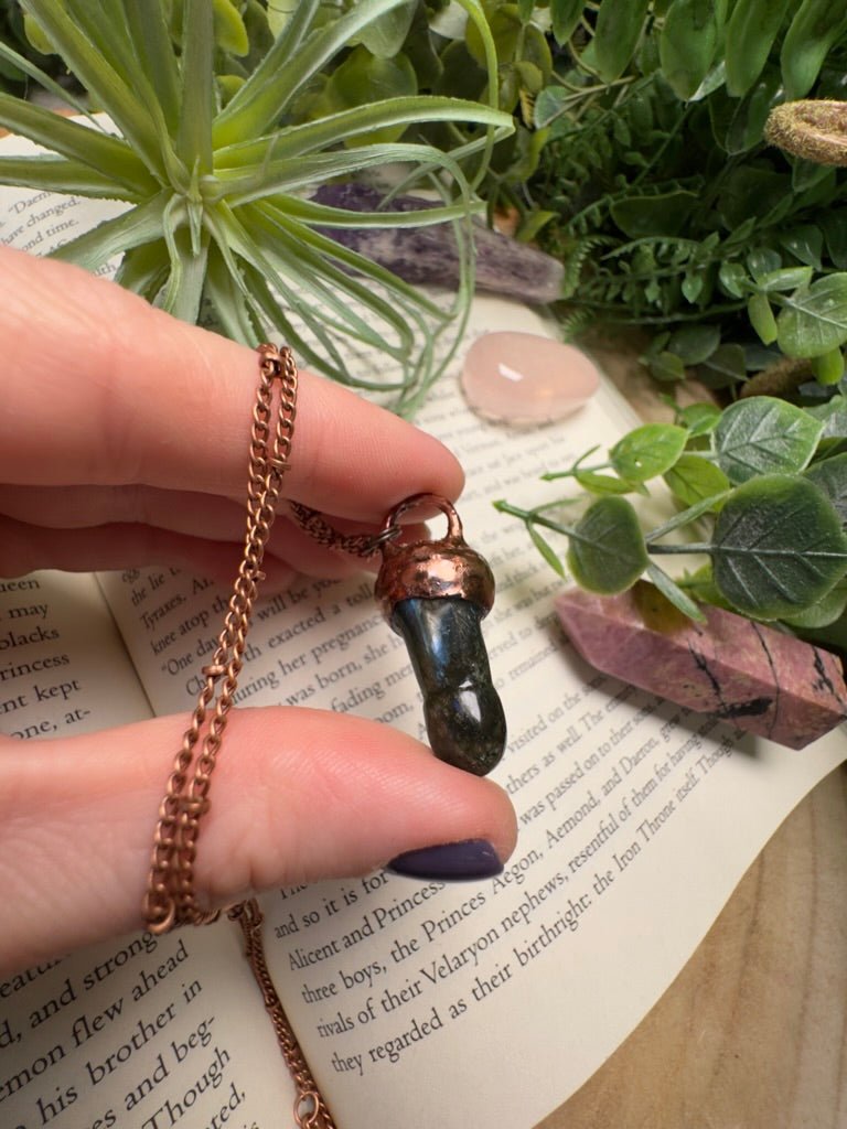 Labradorite Penis Necklace detail view by Copper Ashes