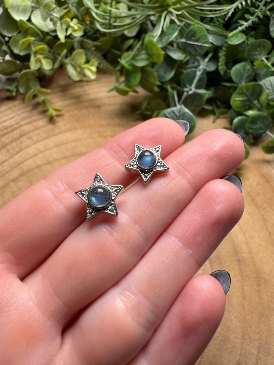 Labradorite Star Stud Earrings detail view by Copper Ashes