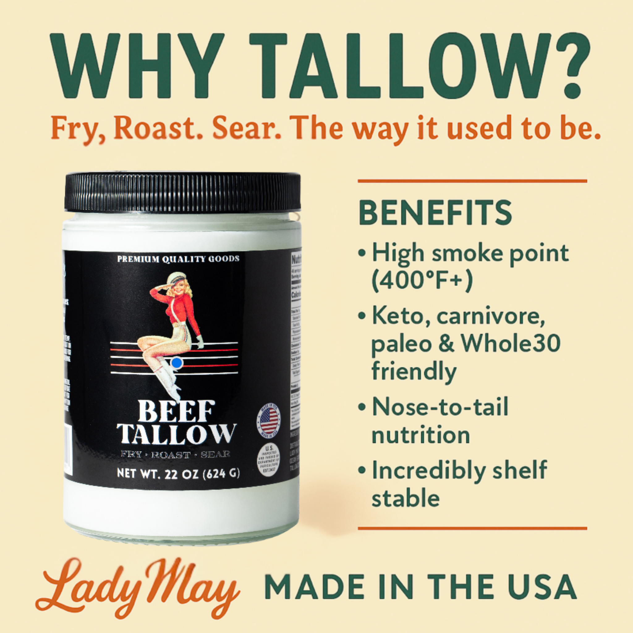 22oz Premium Grass-Fed Beef Tallow | Restaurant-Proven Cooking Fat | Seed Oil-Free by The Lady May, natural skincare detail photo 9