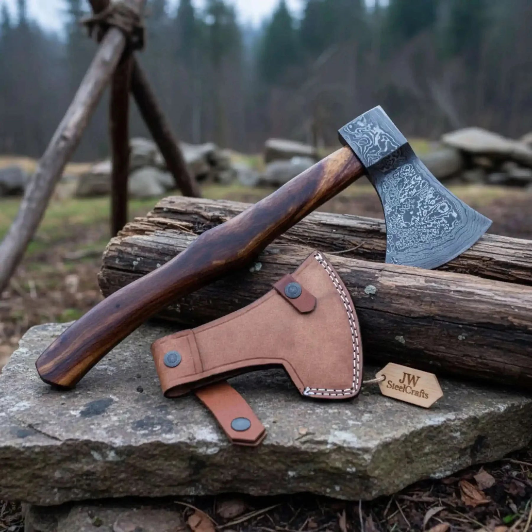 Hand Forged Damascus Steel Broad Edge Belt Axe with Hardwood Handle and Leather Sheath | JW SteelCrafts by JW SteelCrafts, leather knife sheath main product photo