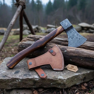 Hand Forged Damascus Steel Broad Edge Belt Axe with Hardwood Handle and Leather Sheath | JW SteelCrafts by JW SteelCrafts, leather knife sheath main product photo