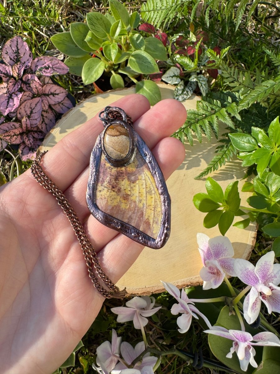 Landscape Jasper and Imperial Moth Wing Necklace detail view by Copper Ashes