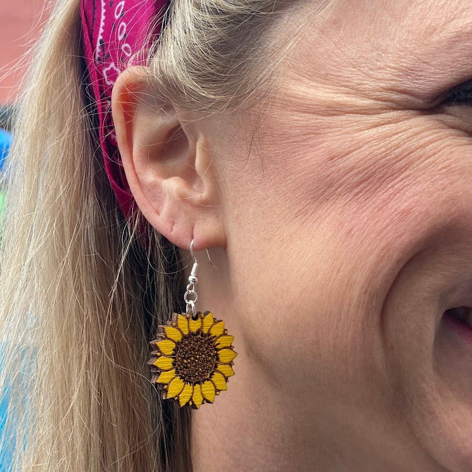 Large Kansas Sunflower Wooden Earrings | State Flower Jewelry by Cate's Concepts, LLC, handmade jewelry detail photo 10