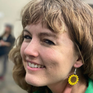 large Kansas Sunflower Wooden Earrings | State Flower Jewelry detail view by Cate's Concepts, LLC