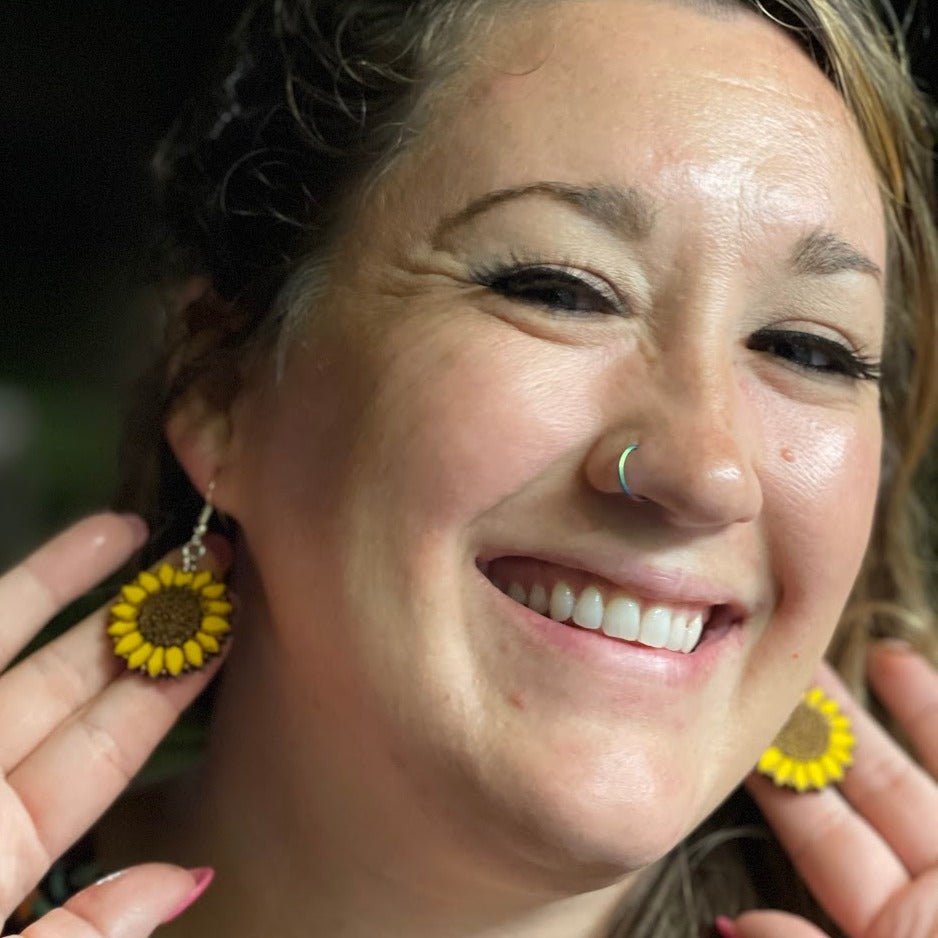 Large Kansas Sunflower Wooden Earrings | State Flower Jewelry by Cate's Concepts, LLC, handmade jewelry detail photo 6