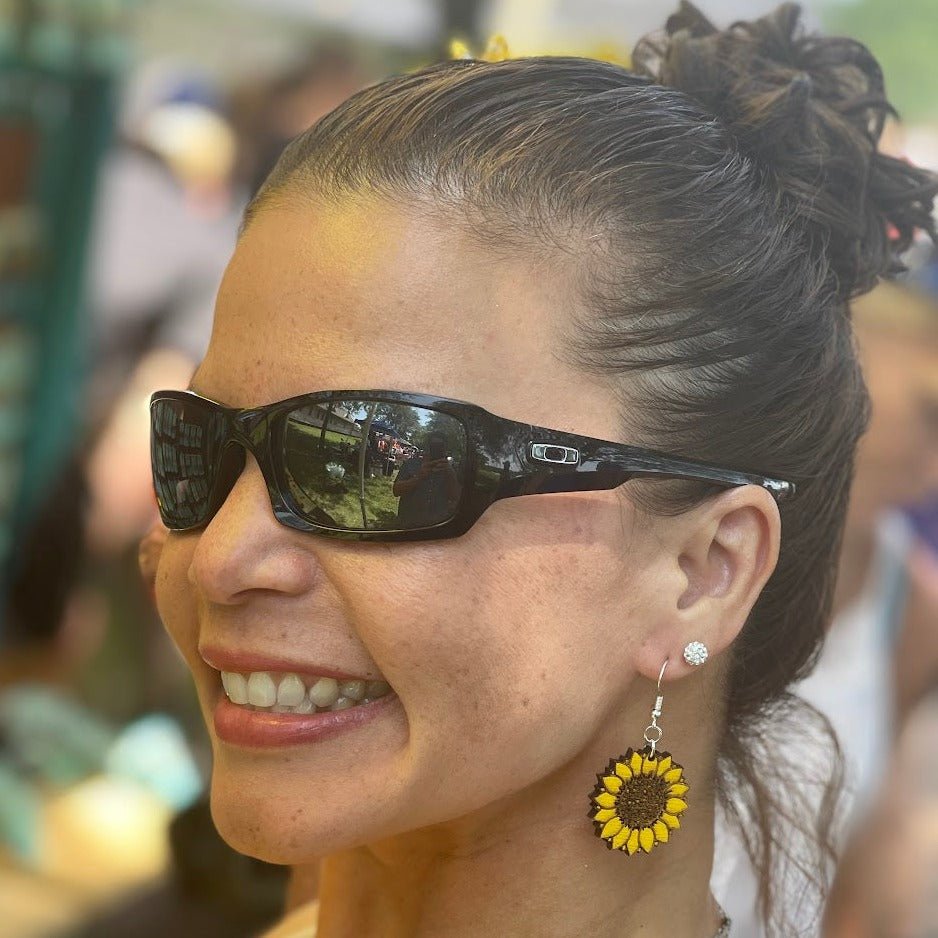 large Kansas Sunflower Wooden Earrings | State Flower Jewelry detail view by Cate's Concepts, LLC