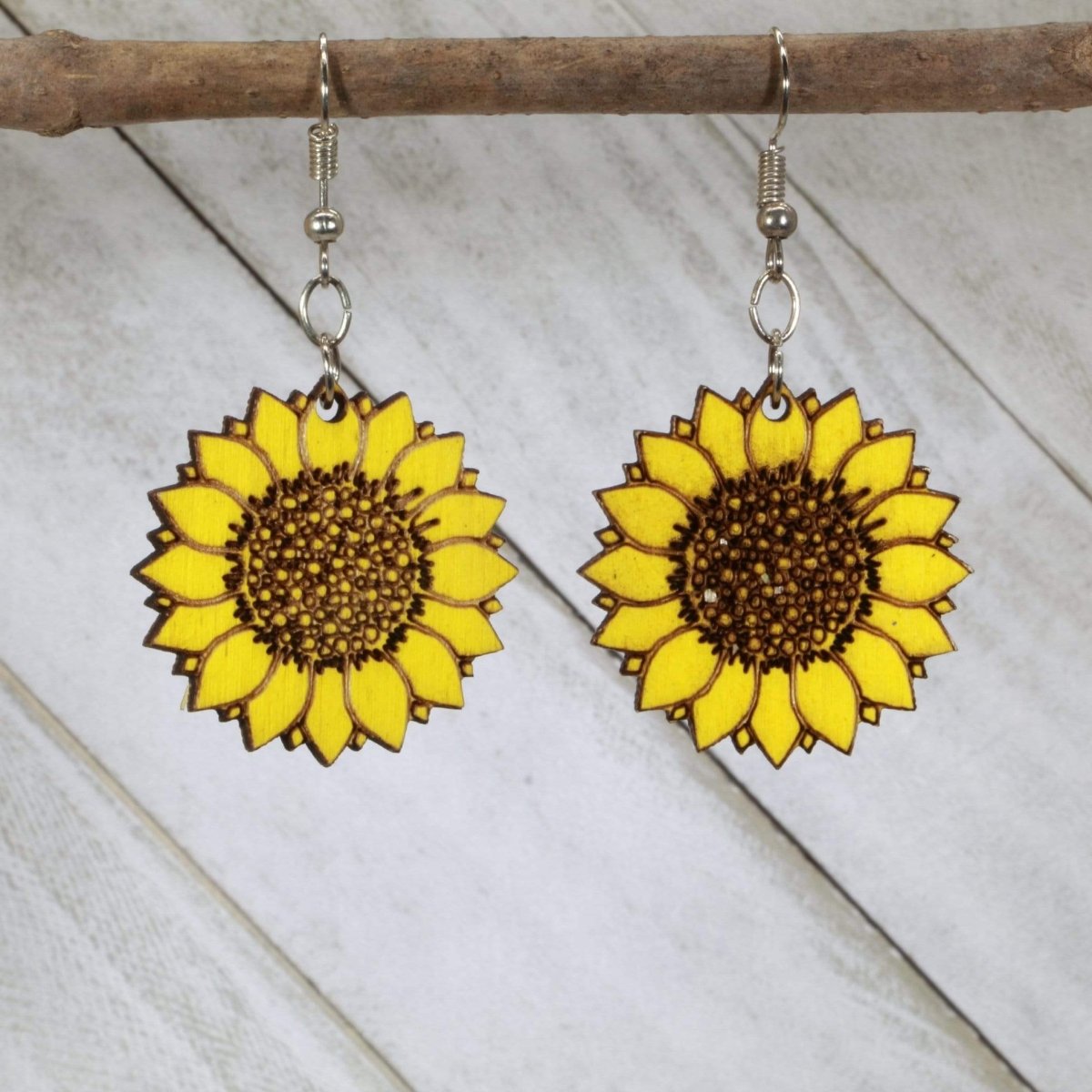 Large Kansas Sunflower Wooden Earrings | State Flower Jewelry by Cate's Concepts, LLC, handmade jewelry main product photo