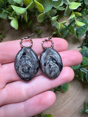 Larvikite Yoni Earrings detail view by Copper Ashes