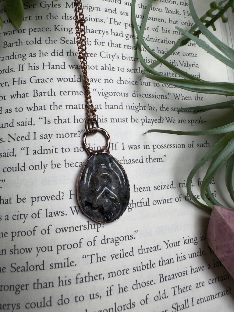 Larvikite Yoni Necklace detail view by Copper Ashes