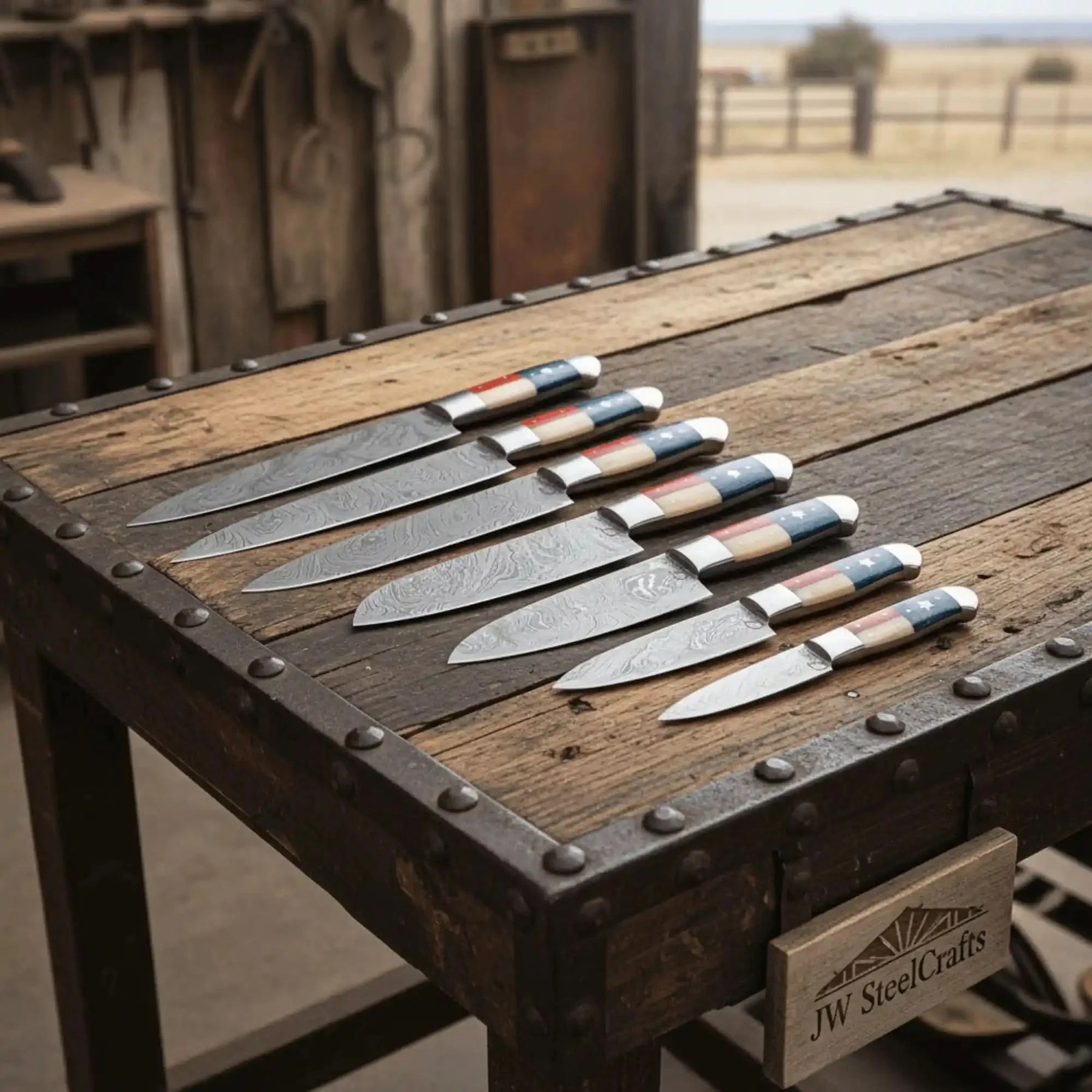 8-Piece Damascus Kitchen Knife Set — Texas Flag Handles, Full Tang Chef, Bread, Santoku, Utility & Paring Knives by JW SteelCrafts, Damascus knife detail photo 4