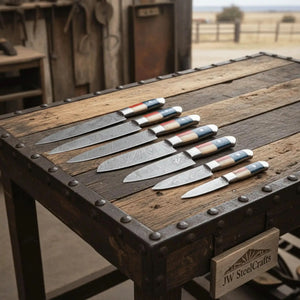 8-Piece Damascus Kitchen Knife Set — Texas Flag Handles, Full Tang Chef, Bread, Santoku, Utility & Paring Knives by JW SteelCrafts, Damascus knife detail photo 4