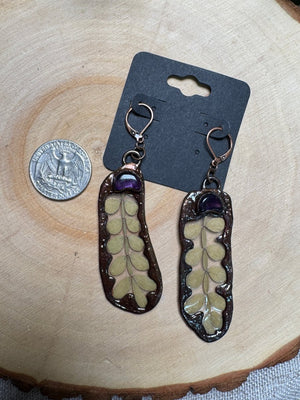 Leaf and Amethyst Moon Earrings detail view by Copper Ashes