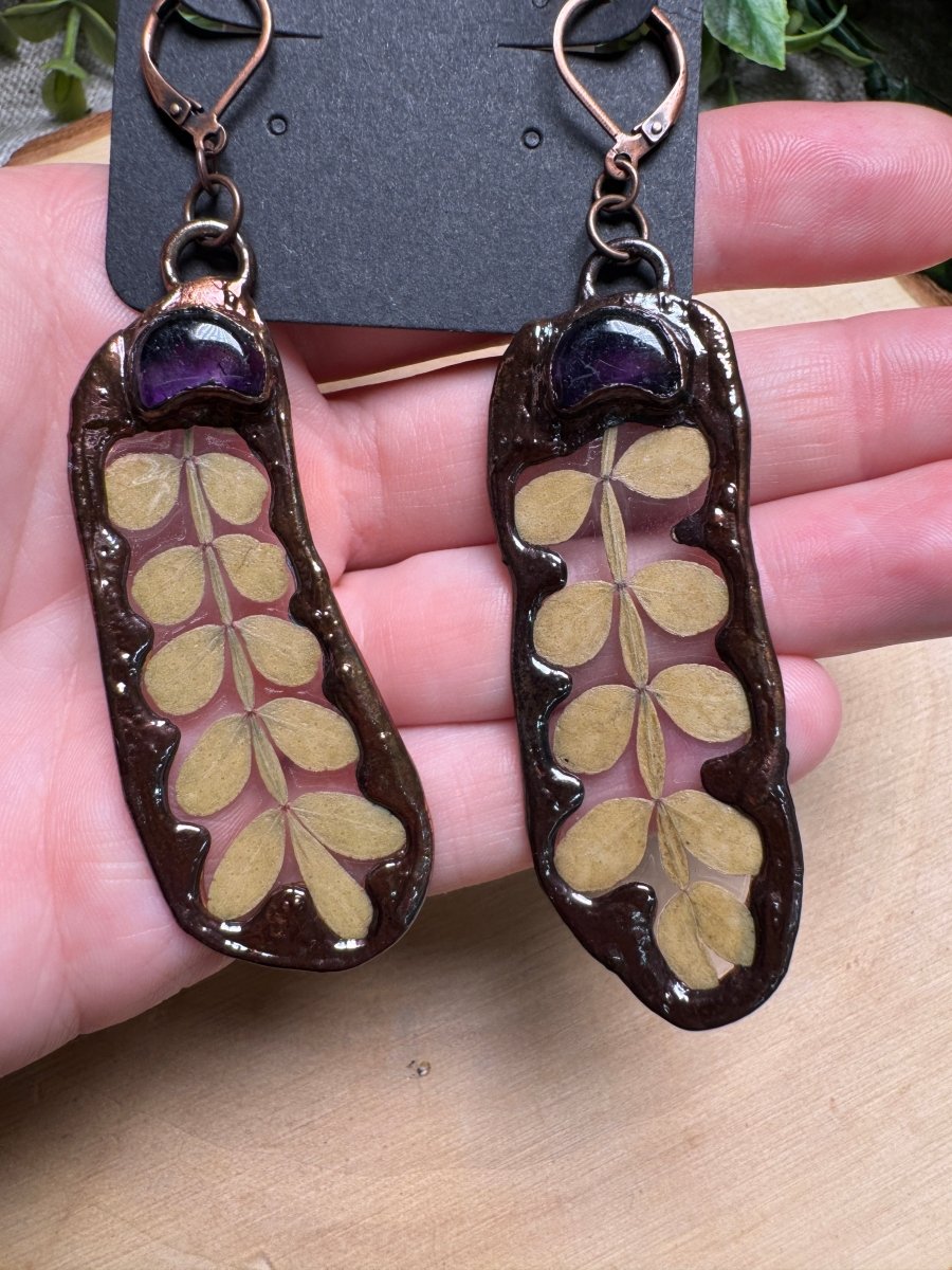 Leaf and Amethyst Moon Earrings by Copper Ashes
