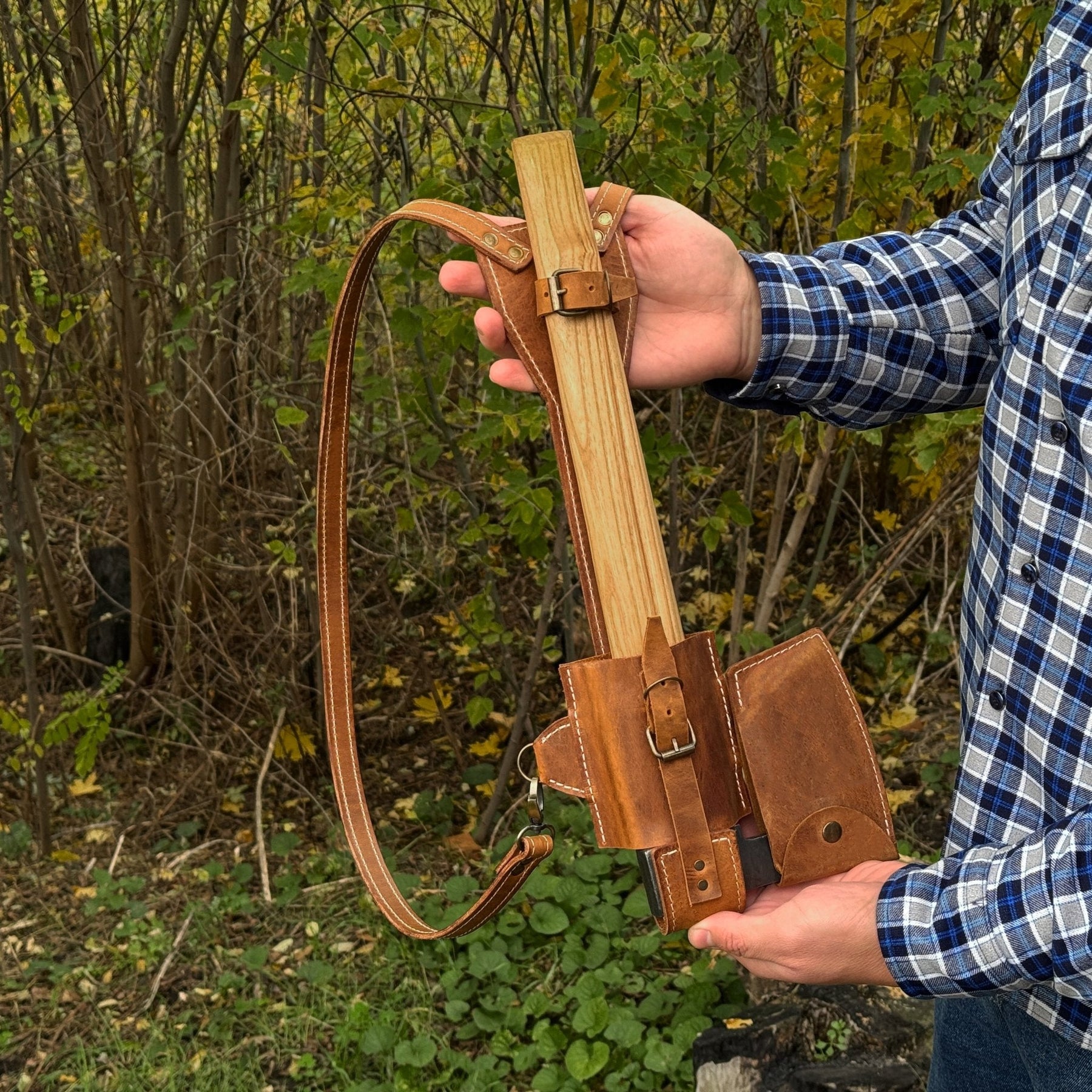 Leather Axe Case with Adjustable Shoulder Straps detail view by Sharky Forged Steel Tools