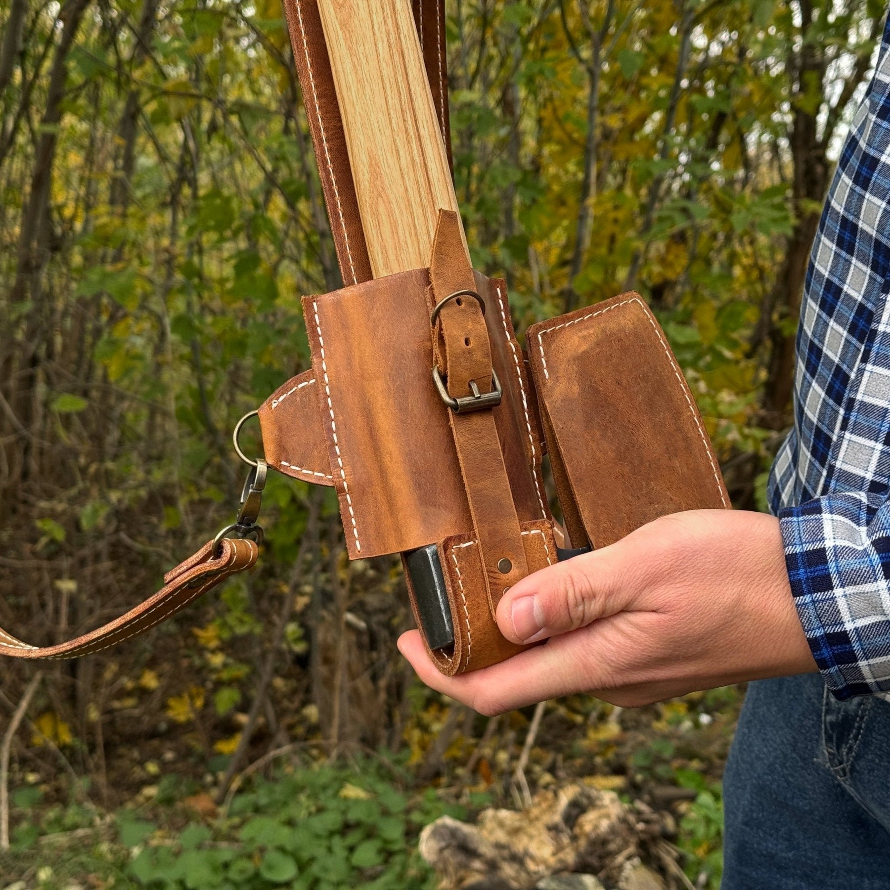 Leather Axe Case with Adjustable Shoulder Straps detail view by Sharky Forged Steel Tools