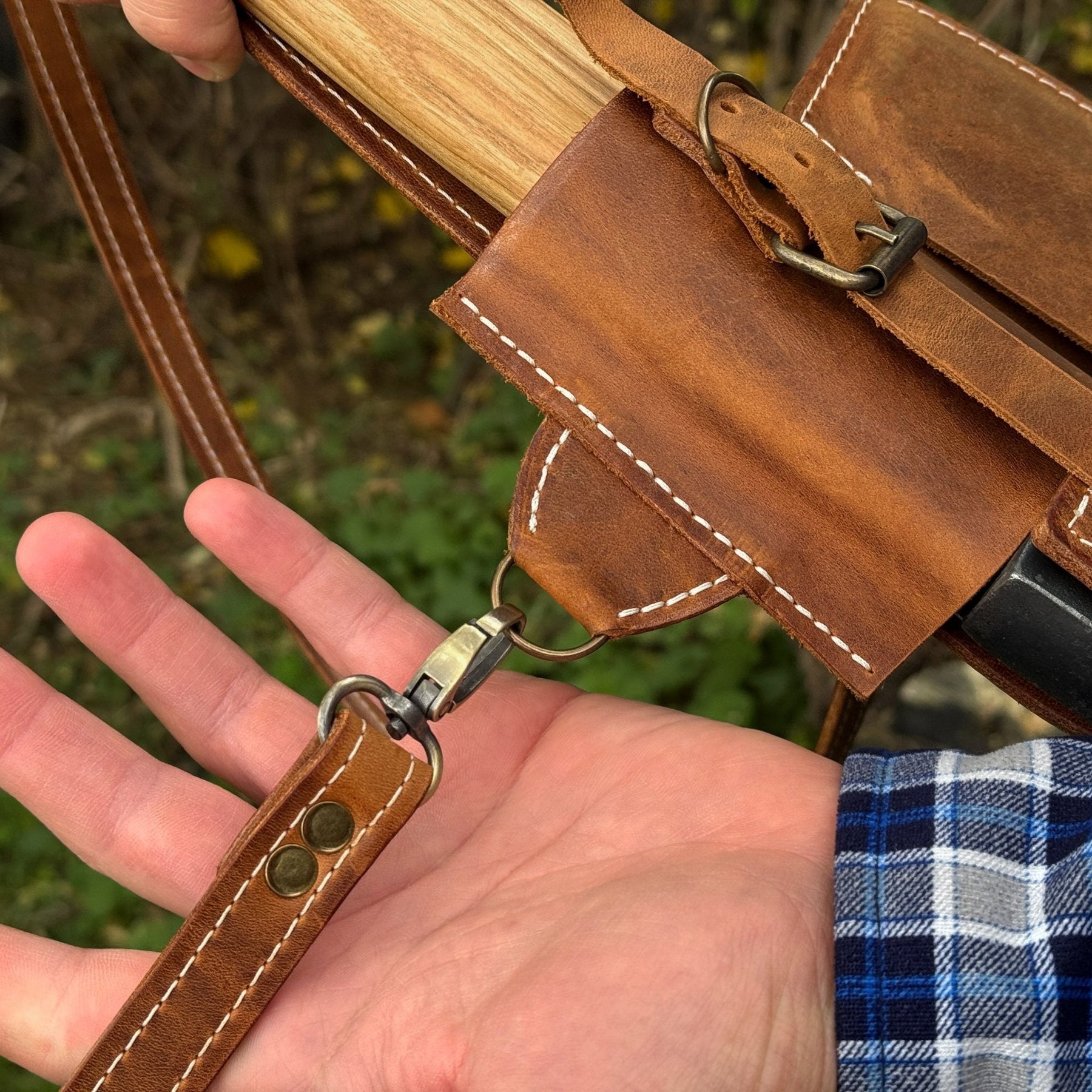 Leather Axe Case with Adjustable Shoulder Straps detail view by Sharky Forged Steel Tools