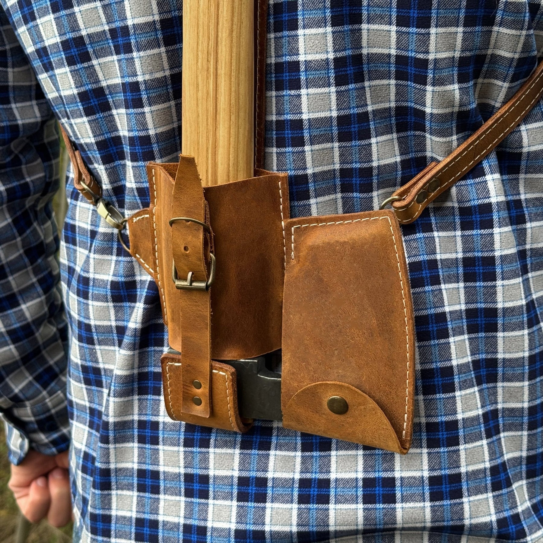 Leather Axe Case with Adjustable Shoulder Straps detail view by Sharky Forged Steel Tools
