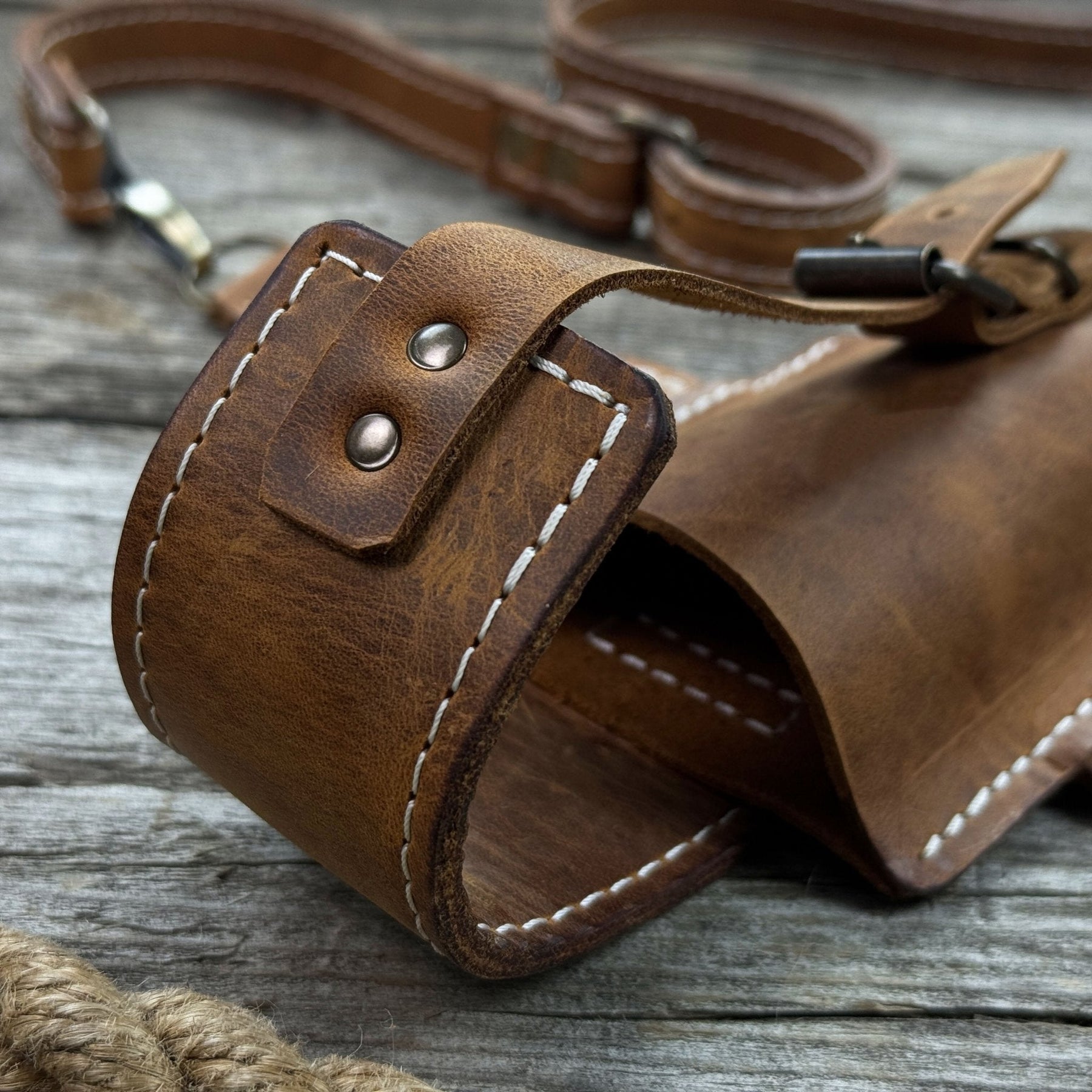 Leather Axe Case with Adjustable Straps detail view by Sharky Forged Steel Tools