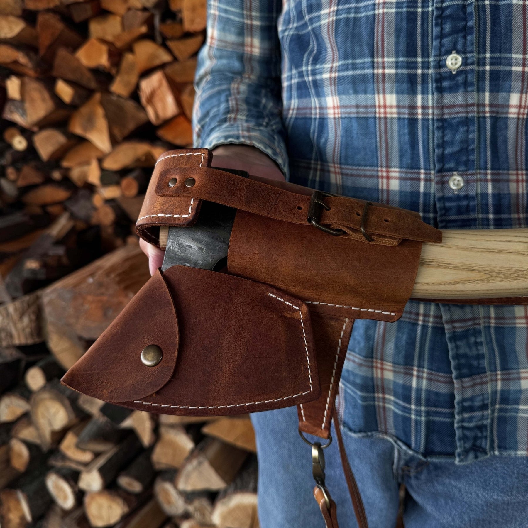 Leather Axe Case with Adjustable Straps detail view by Sharky Forged Steel Tools