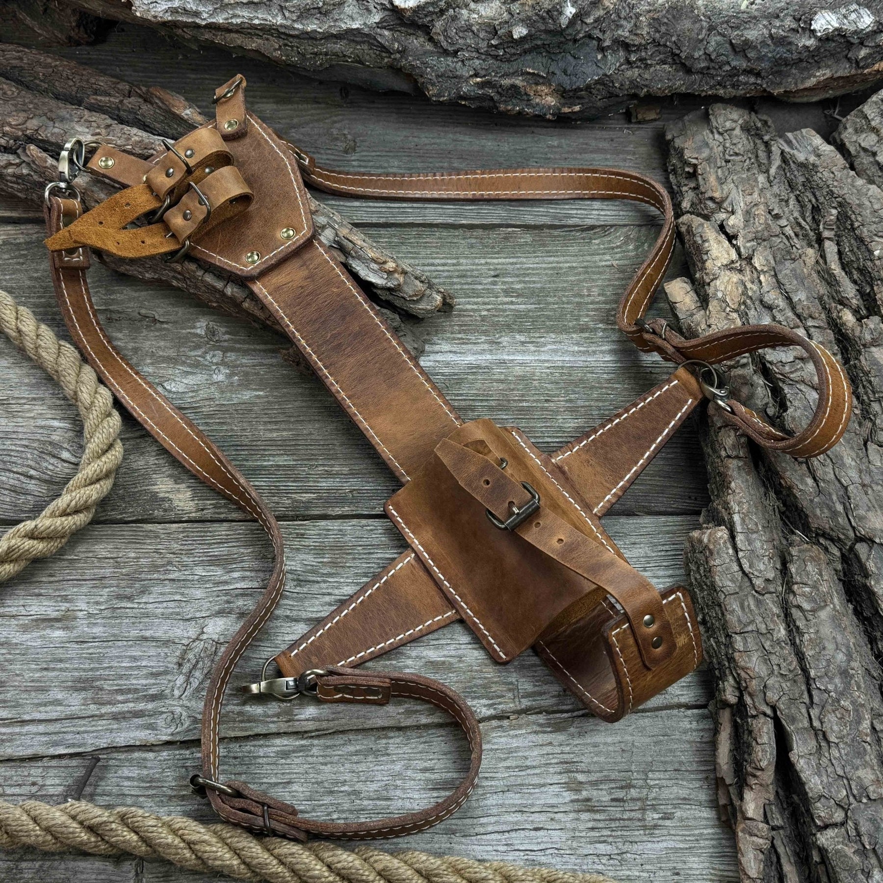 Leather Axe Case with Adjustable Straps detail view by Sharky Forged Steel Tools